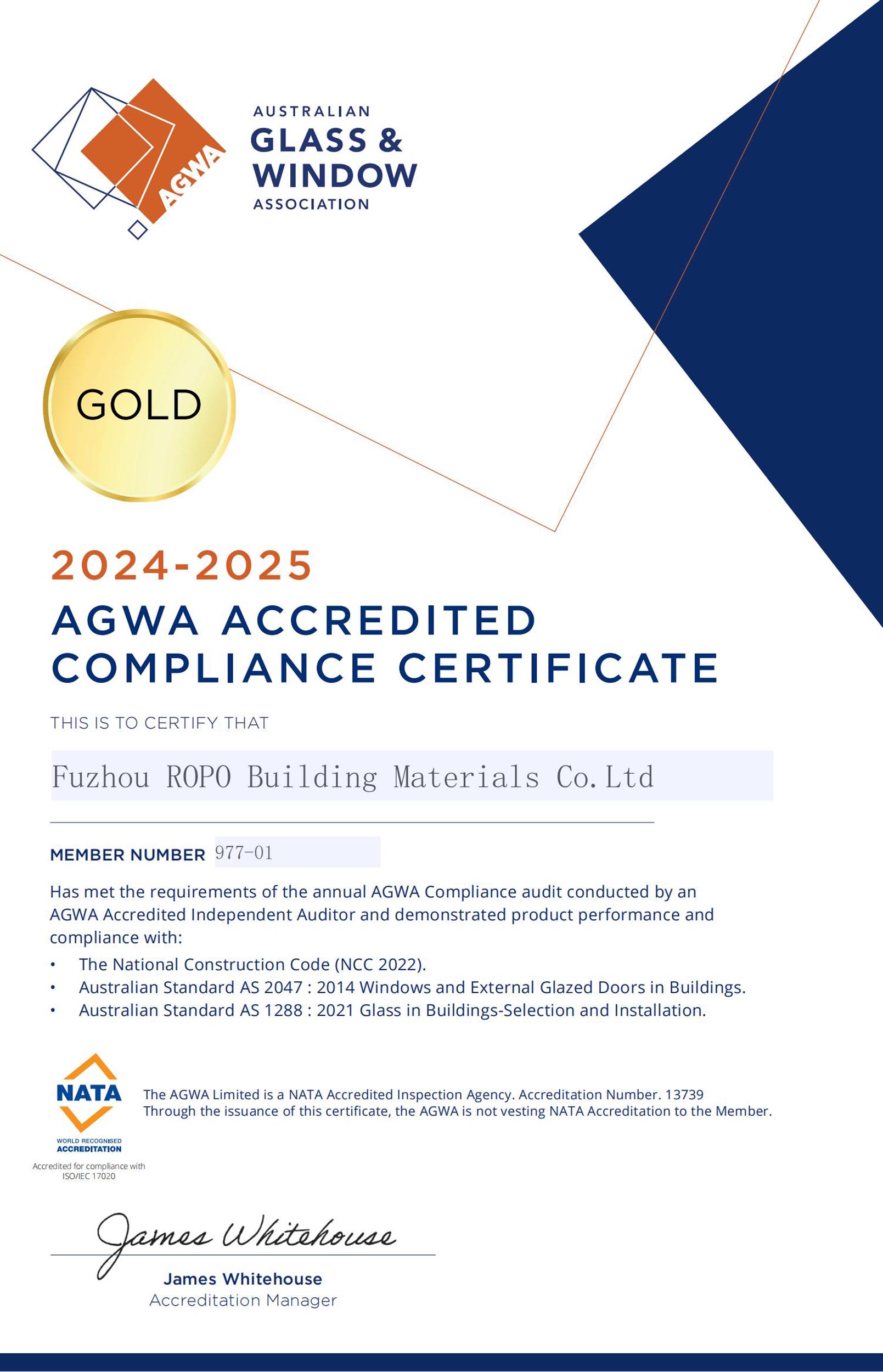 AGWA Australian Glass and Window Association accredited compliance certificate